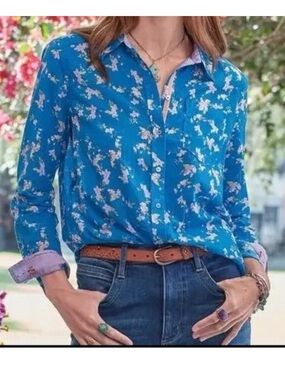 Sundance Blue Floral Button Front Cotton Blouse, Size PXS